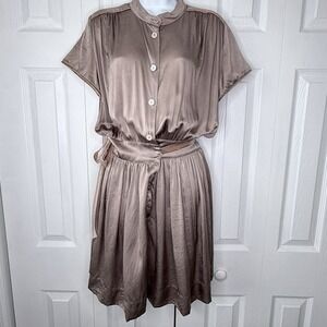 Robin 100% Silk Dress Sz 10 Taupe Brown Velvet Trim Belt Blouson Button Front